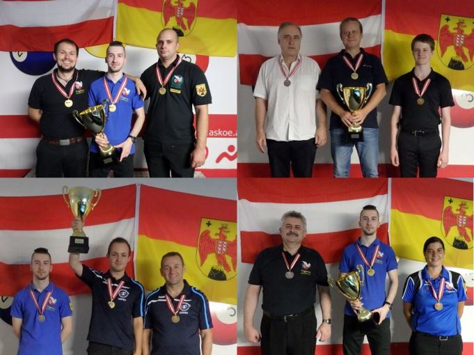 Die Sieger der ASKÖ Bundesmeisterschaften in Eisenstadt: links oben Team BSV Pegasus 1, rechts oben Sieger Carambol, Links unten Sieger Pool, rechts unten Sieger Snooker - Fotos (c) A. Bitriol